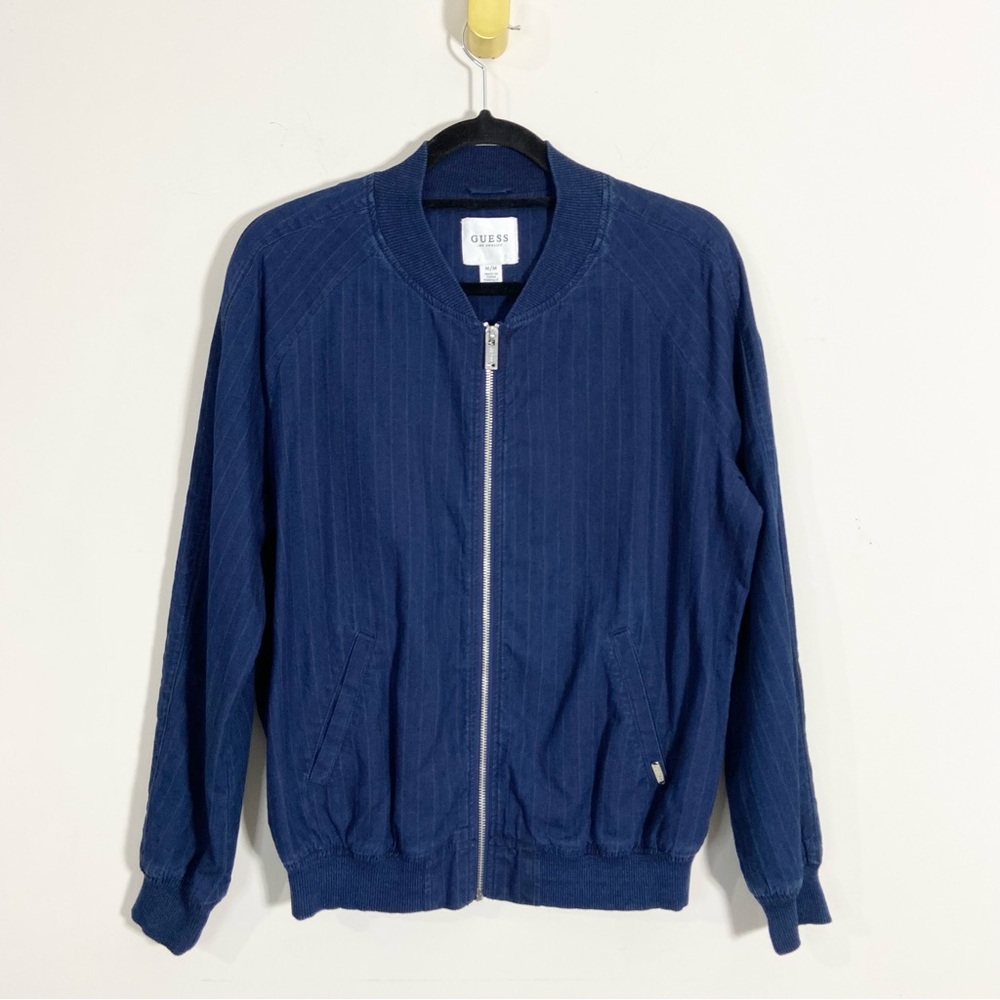 Guess Chambray Blue Striped Lightweight Zip Up Bomber Jacket